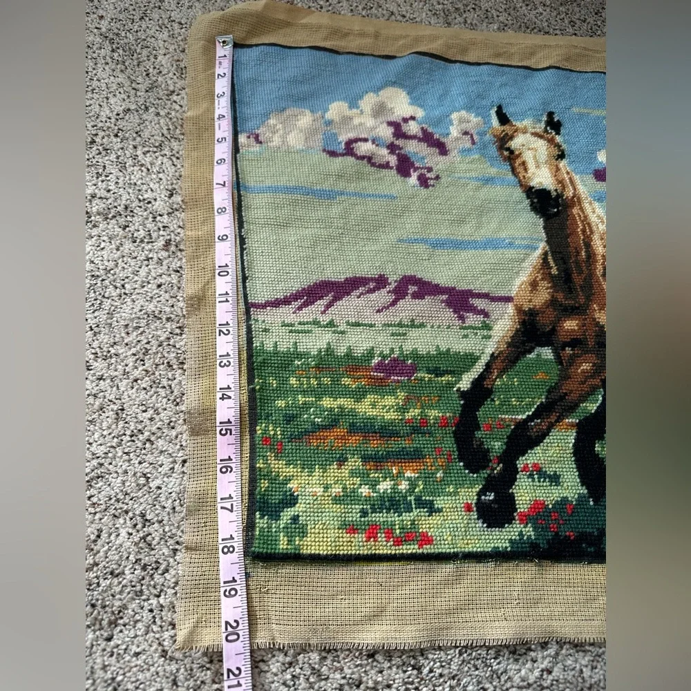 Vintage running wild horses large needlepoint tapestry 18” x 38”